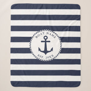 Couverture Sherpa Nom du bateau personnalisé Ancre bleue marine blan