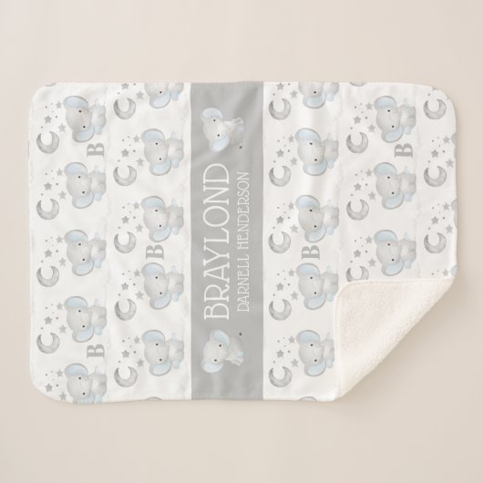 Couverture Sherpa Nom du bébé éléphant bleu et gris (Devant (Horizontal))