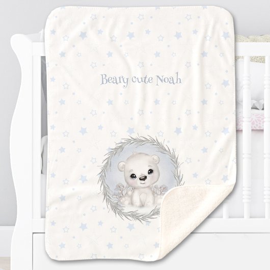 Couverture Sherpa Nom du garçon de l'ours polaire mignon Hiver Blanc