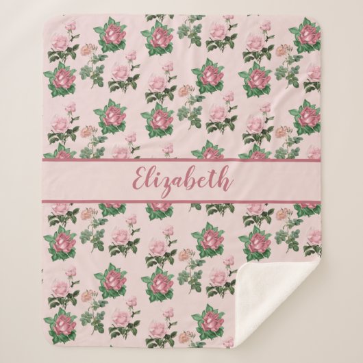 Couverture Sherpa Nom du monogramme Roses roses roses florales Chic  (Devant)