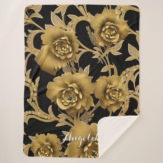 Couverture Sherpa Nom floral Jetée Blanche - Noir et Or (Devant)