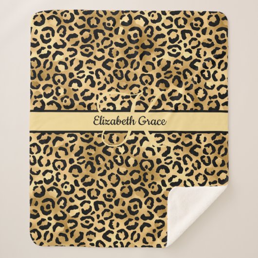 Couverture Sherpa Nom Monogramme Imprimé Léopard Noir Or Cheetah (Devant)