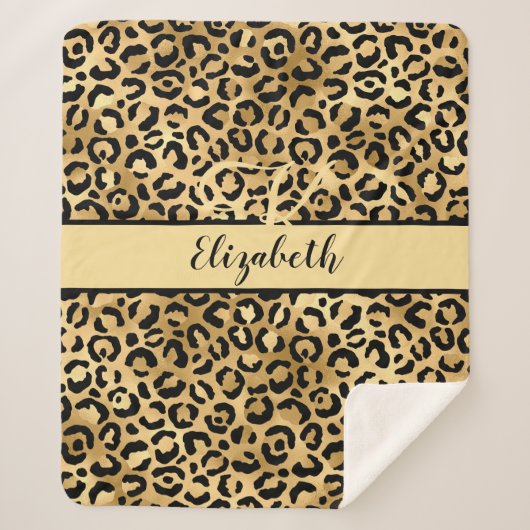 Couverture Sherpa Nom Monogramme Imprimé Léopard Noir Or Guépard (Devant)