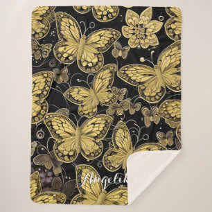 Couverture Sherpa Nom personnalisé Papillons noir et or