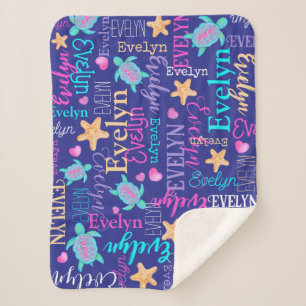 Couverture Sherpa Nom tortue motif bleu rose aqua corail