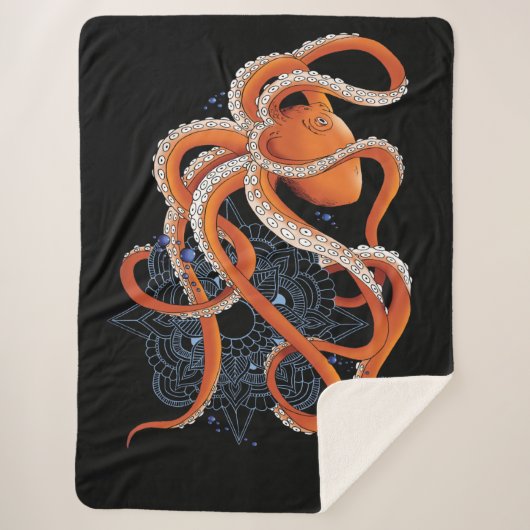 Couverture Sherpa Octopus Orange Mandala bleu (Devant)