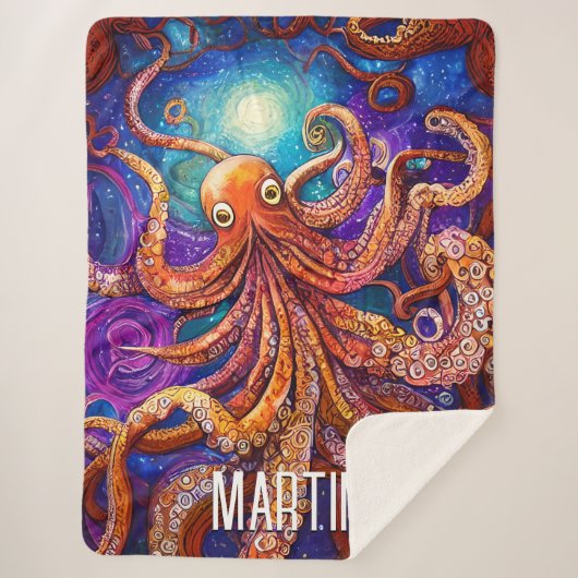 Couverture Sherpa Octopus orange | Pleine lune avec nom personnalisé (Devant)