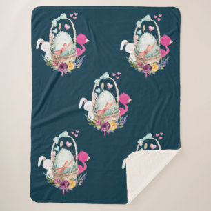 Couverture Sherpa Oeuf mignon, Flamant rose rose et lapin, Aquarelle