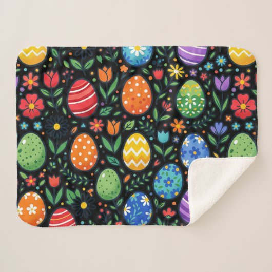 Couverture Sherpa Œufs de Pâques et fleurs arc-en-ciel (Devant (Horizontal))