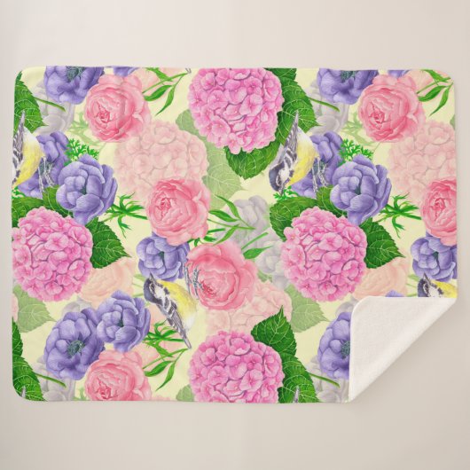 Couverture Sherpa Oiseau et fleurs (Devant (Horizontal))