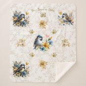 Couverture Sherpa Oiseaux bleus personnalisés et fleurs d'or (Devant)