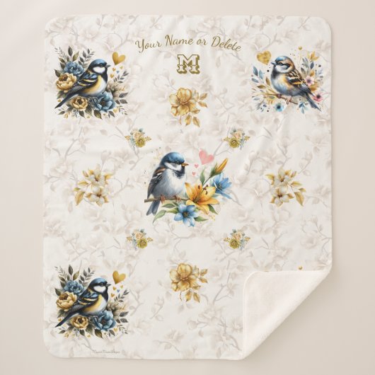 Couverture Sherpa Oiseaux bleus personnalisés et fleurs d'or (Devant)