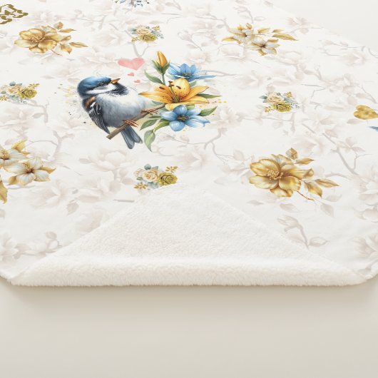 Couverture Sherpa Oiseaux bleus personnalisés et fleurs d'or (3/4)