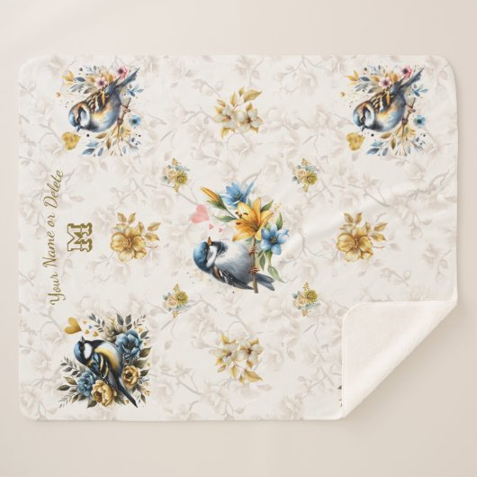 Couverture Sherpa Oiseaux bleus personnalisés et fleurs d'or (Devant (Horizontal))