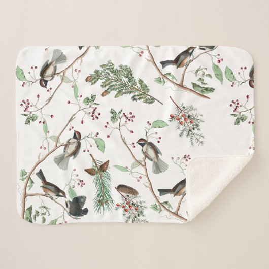 Couverture Sherpa Oiseaux de poulet Baies et Pinecones Aquarelle (Devant (Horizontal))
