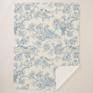 Couverture Sherpa Oiseaux et fleurs de cerisier en bleu et blanc cas