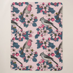 Couverture Sherpa Oiseaux et fleurs roses