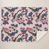 Couverture Sherpa Oiseaux et fleurs roses (Devant (Horizontal))