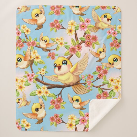 Couverture Sherpa Oiseaux mignons et heureux parmi les fleurs du pri (Devant)