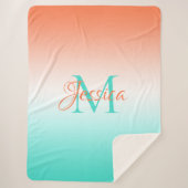 Couverture Sherpa Ombre de corail blanc et turquoise monogramme (Devant)