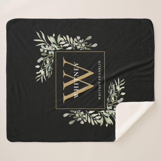 Couverture Sherpa Or Monogramme Vert Aquarelle Noir (Devant (Horizontal))