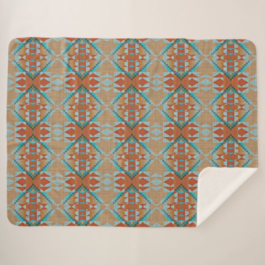 Couverture Sherpa Orange Brown Aqua Turquoise Blue Tribal Art (Devant (Horizontal))