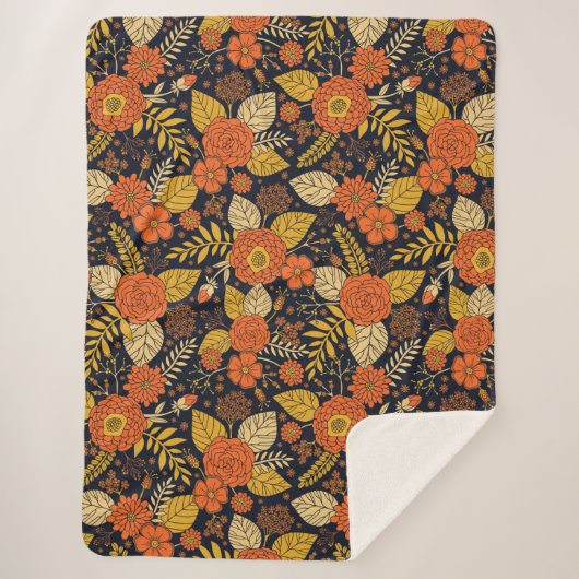 Couverture Sherpa Orange rétro, Jaune & Marine Floral  (Devant)