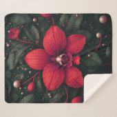 Couverture Sherpa Orchidée rouge en fleurs avec des feuilles vertes (Devant (Horizontal))