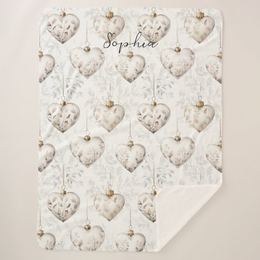 Couverture Sherpa Ornements coeurs gris crème Chic   (Devant)