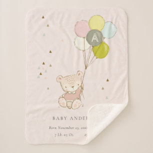 Couverture Sherpa Ours Bleu mou Balloon Fille Monogramme Baby Stat
