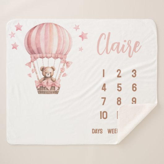 Couverture Sherpa Ours rose dans l'air chaud Balloon Baby Milestone (Devant (Horizontal))