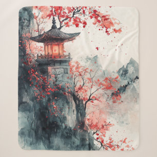 Couverture Sherpa Pagode de Sakura cramoisie aquarelle