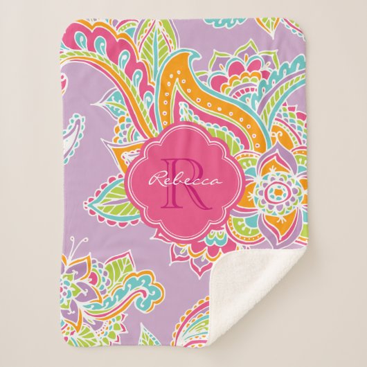 Couverture Sherpa Paisley rose et Lilac Boho Monogramme (Devant)