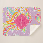 Couverture Sherpa Paisley rose et Lilac Boho Monogramme (Devant (Horizontal))