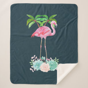 Couverture Sherpa Palmiers Flamants roses roses et succulents florau