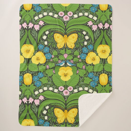 Couverture Sherpa Pansies jaunes, oiseaux et papillons (Devant)