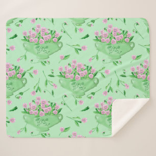 Couverture Sherpa Pansies roses bol vert et arrière - plan