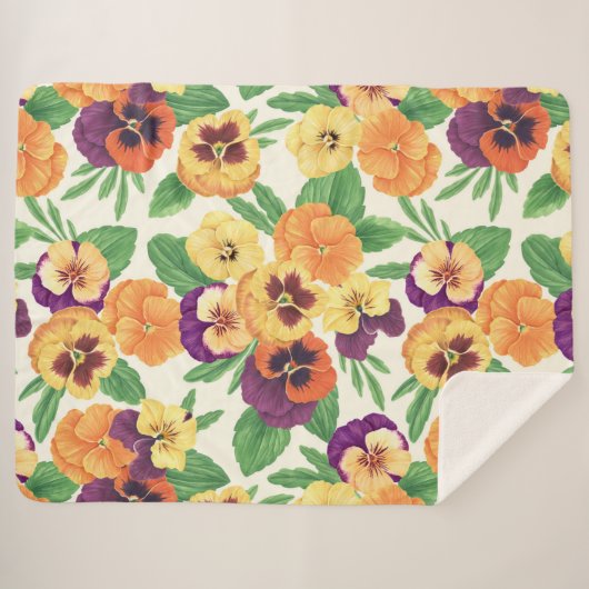 Couverture Sherpa Pansies sur blanc cassé (Devant (Horizontal))