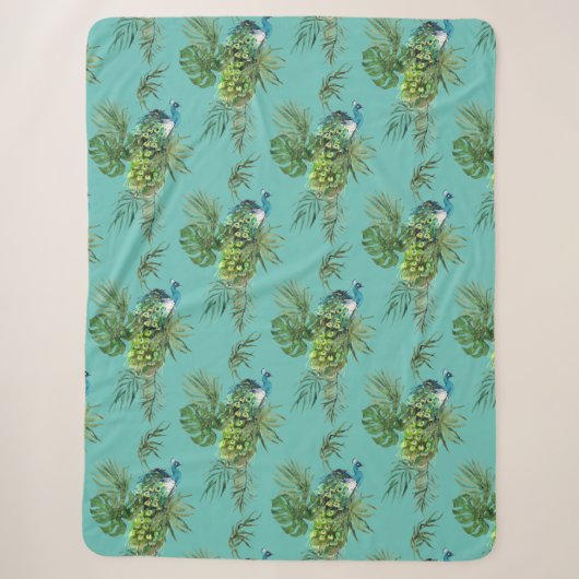 Couverture Sherpa Paon & Feuilles Tropicales (Devant)