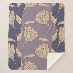 Couverture Sherpa papier peint de crocus floral rétro en bleu mauve 