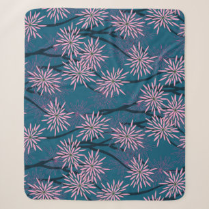 Couverture Sherpa Papier peint floral : bleu marine asiatique, rose.