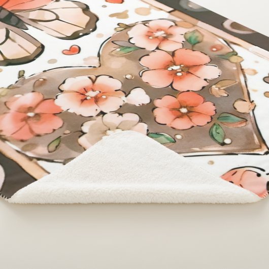 Couverture Sherpa Papillon aux tons chauds et impression florale (3/4)