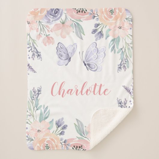 Couverture Sherpa Papillon floral rose pourpre Personnalisé Fille (Devant)