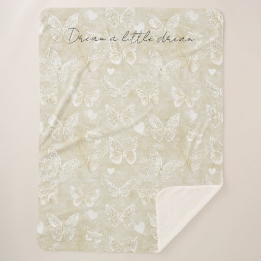 Couverture Sherpa Papillons blancs crème coeurs (Devant)