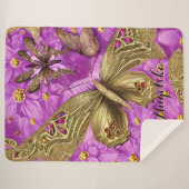 Couverture Sherpa Papillons d'or Fleurs roses Nom personnalisé (Devant (Horizontal))