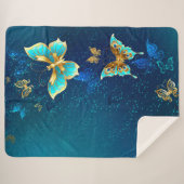Couverture Sherpa Papillons d'or sur un Arrière - plan bleu (Devant (Horizontal))