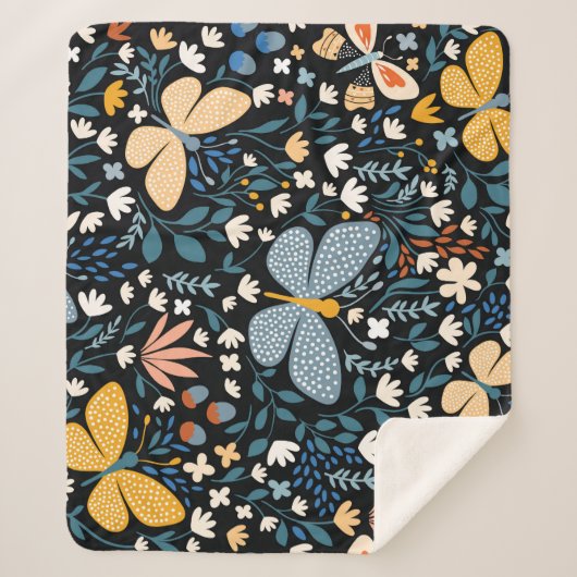 Couverture Sherpa Papillons Floral : Main Tirée Sans Couture. (Devant)