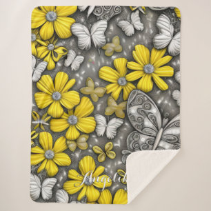 Couverture Sherpa Papillons floraux d'argent jaune Nom personnalisé