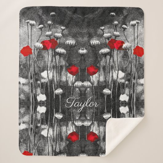 Couverture Sherpa Papillons noirs blancs rouges fleurs Modèles flora (Devant)