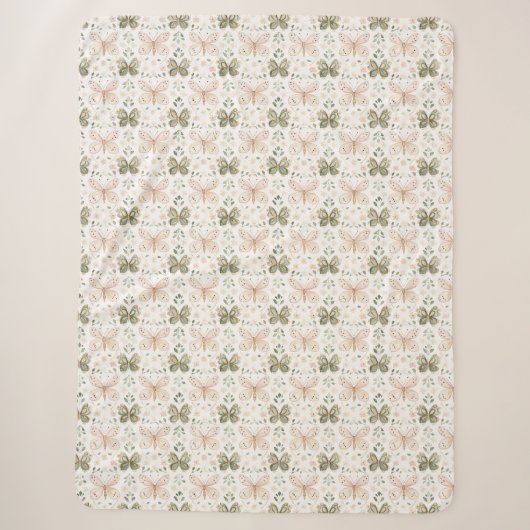 Couverture Sherpa Papillons Rose Pâle Vert Menthe  (Devant)